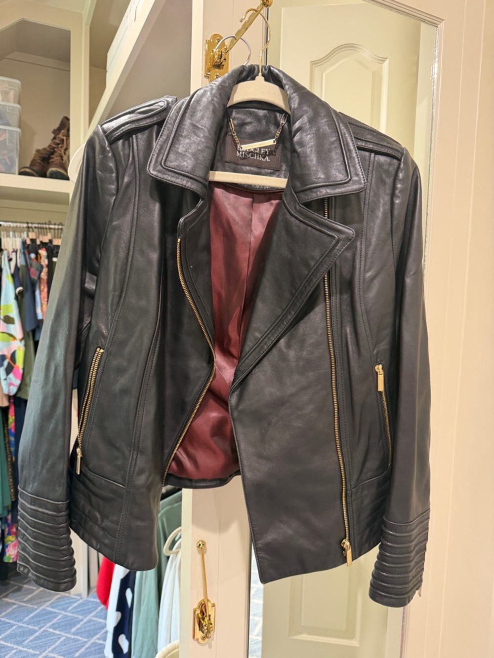 Badgley Mischka Black Leather Moto Jacket with Burgundy Lining